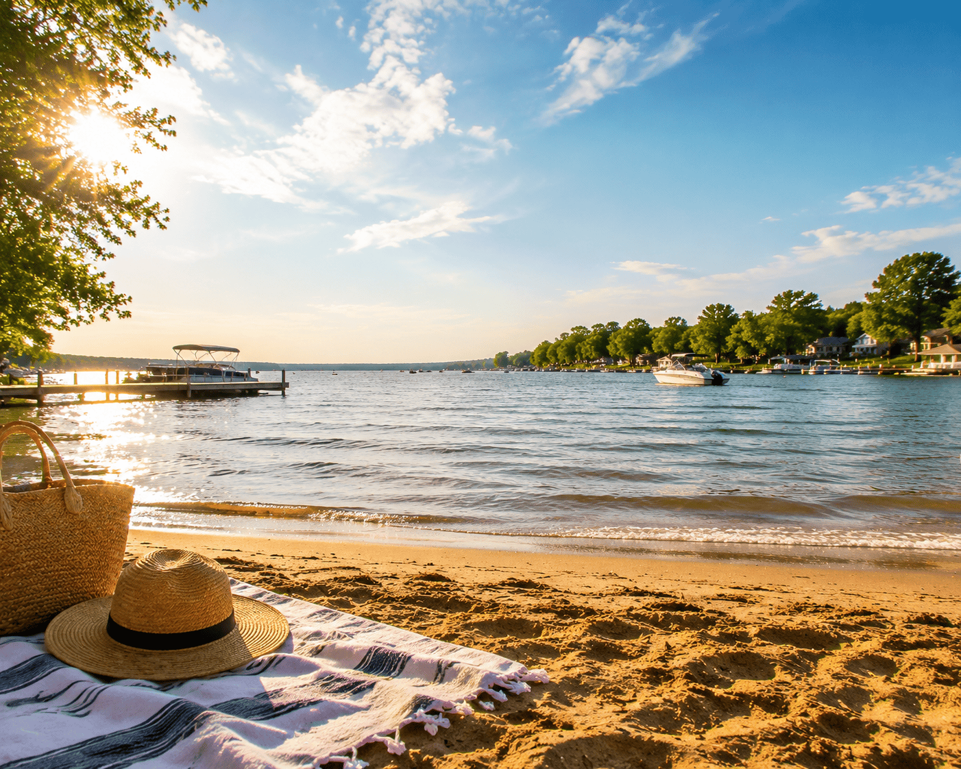 Peaceful sandy beach along the Iowa Great Lakes with boats on the water during a sunny summer afternoon