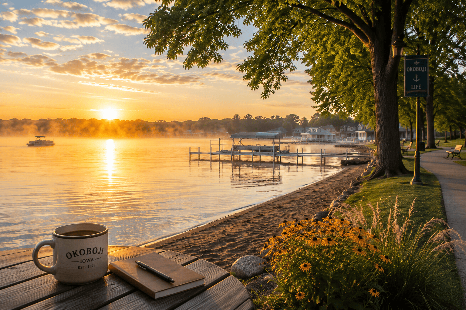 Morning in Okoboji at sunrise with calm lake water, a peaceful shoreline, and golden light reflecting across the Iowa Great Lakes.
