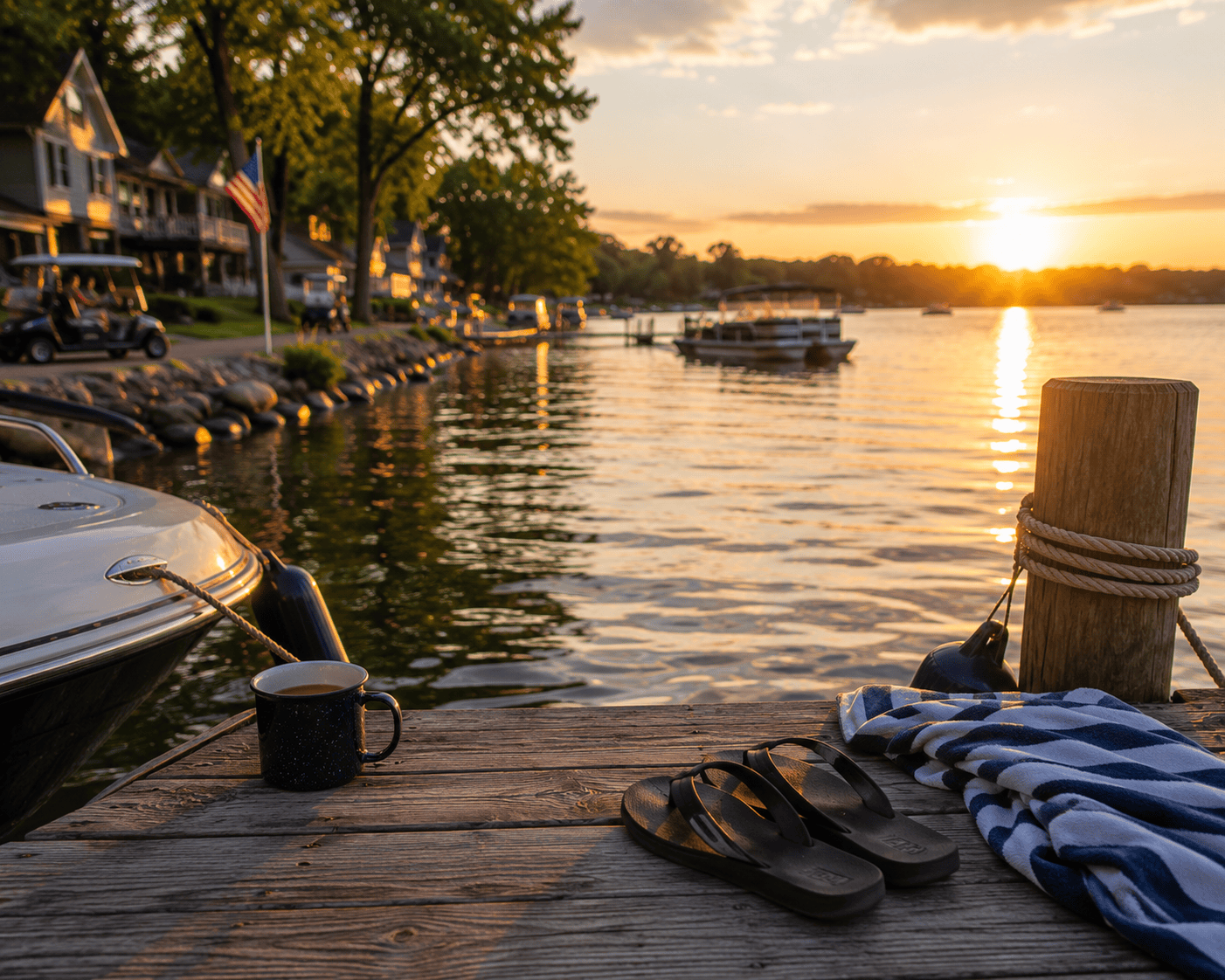 Okoboji Details highlighted by a peaceful lakeside dock at sunset with flip-flops, a coffee mug, and calm water reflecting the evening light.