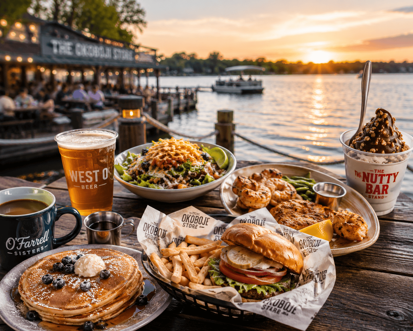 Okoboji Food Crawl featuring breakfast, burgers, craft beer, seafood, and ice cream at a lakeside patio during sunset