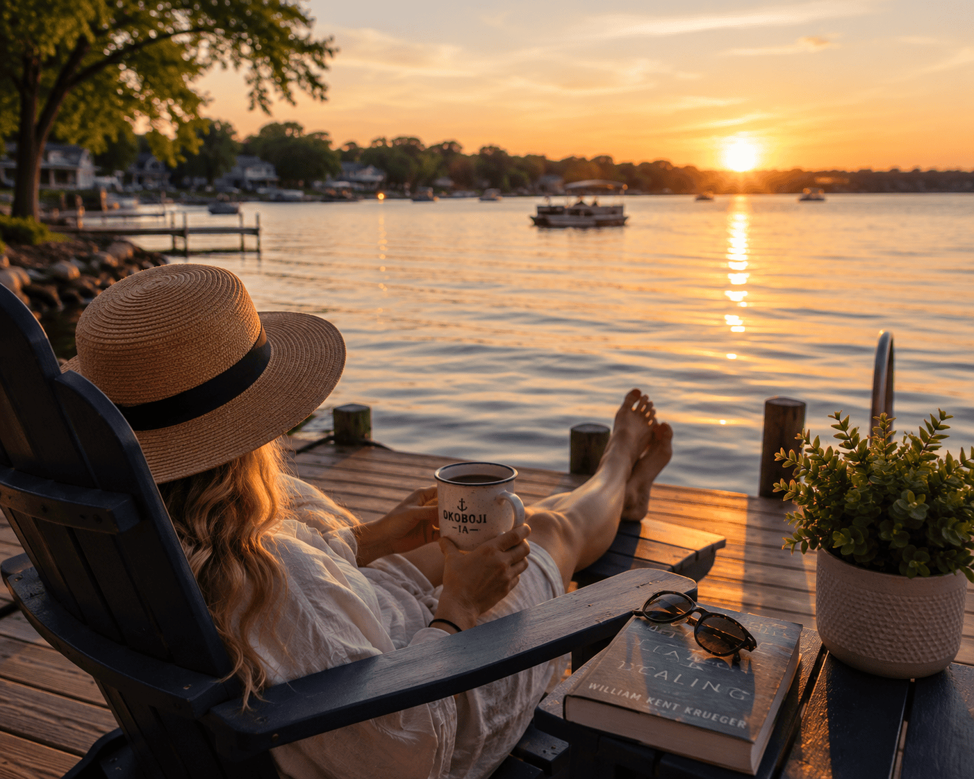 Relax in Okoboji while enjoying a quiet lakeside sunset with a cup of coffee and peaceful waterfront views.