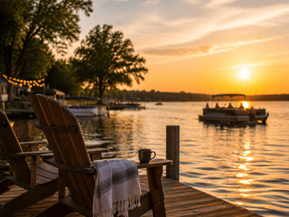 Adirondack chairs overlooking a peaceful Iowa Great Lakes shoreline as a pontoon boat cruises by during a summer sunset