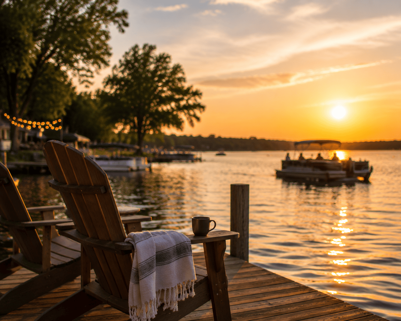 Adirondack chairs overlooking a peaceful Iowa Great Lakes shoreline as a pontoon boat cruises by during a summer sunset