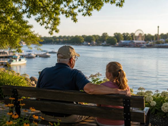 Grandfather and granddaughter sitting on a lakeside bench overlooking the water in the Iowa Great Lakes region