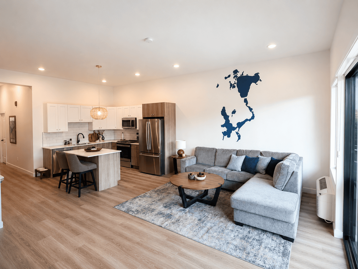 The Waterline Okoboji living room and kitchen