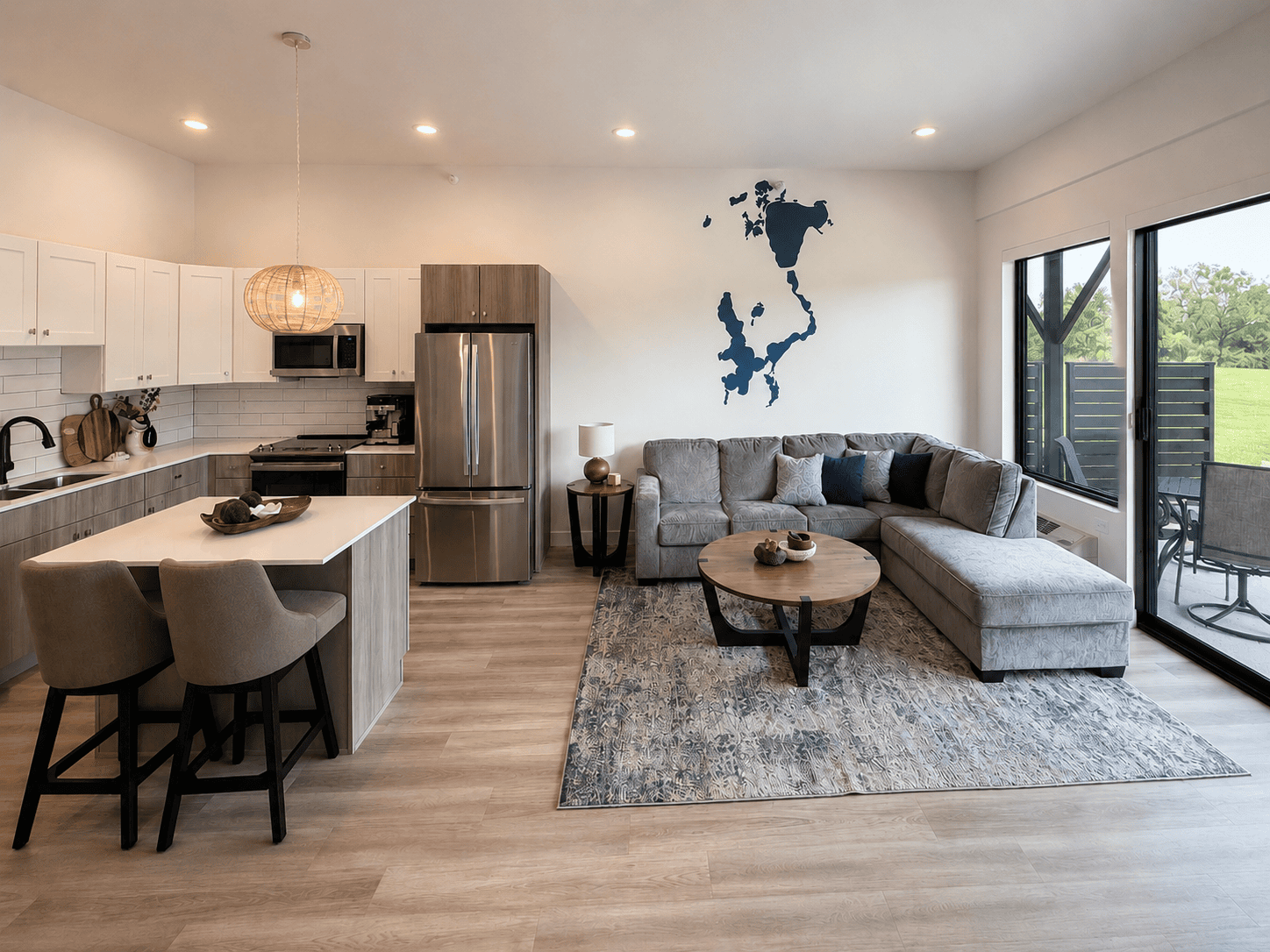 Open living room and kitchen at The Waterline Okoboji