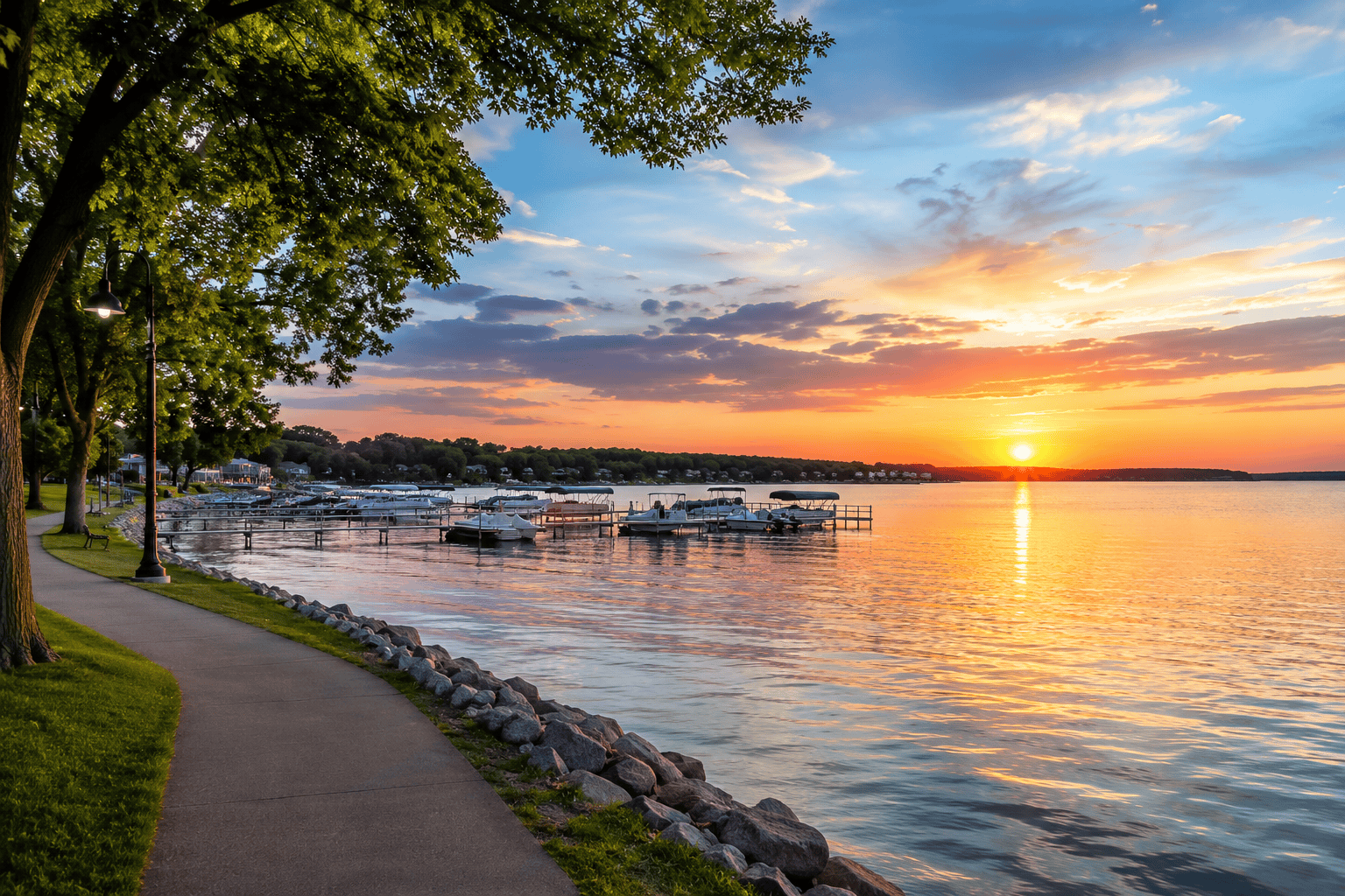 Scenic sunset over West Lake Okoboji during the best time to Visit Okoboji, with boats, shoreline trees, and calm summer water.