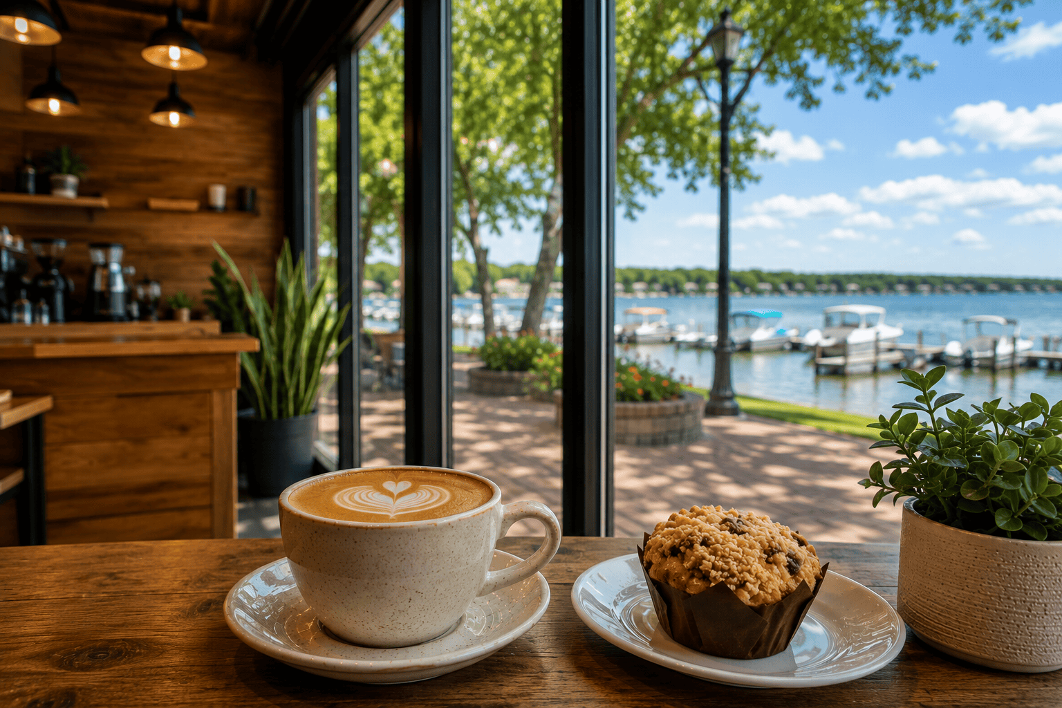 A latte and fresh muffin inside one of the welcoming Coffee Shops in Okoboji overlooking the Iowa Great Lakes marina.
