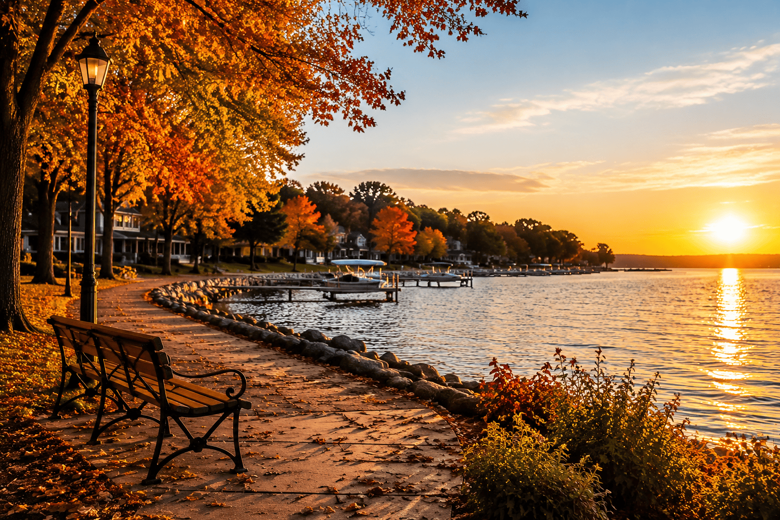 A peaceful lakeside view showcasing fall in Okoboji with colorful autumn trees, a shoreline path, docks, and sunset reflections.