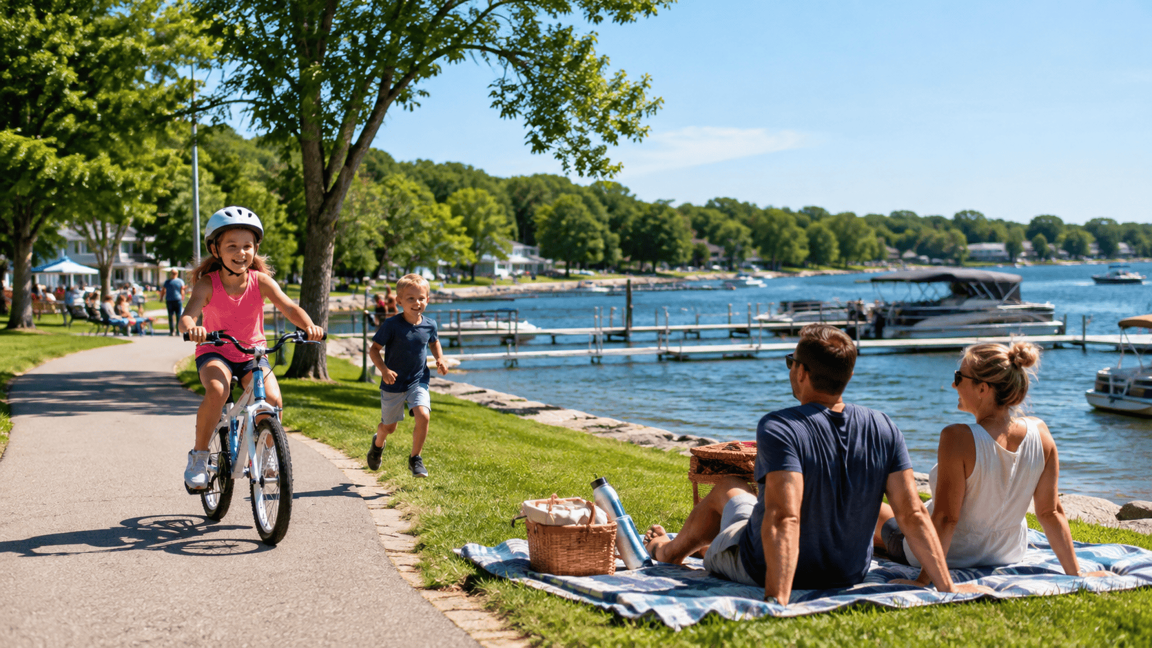 Free Okoboji activities with a family biking, playing, and enjoying a picnic beside the lake.