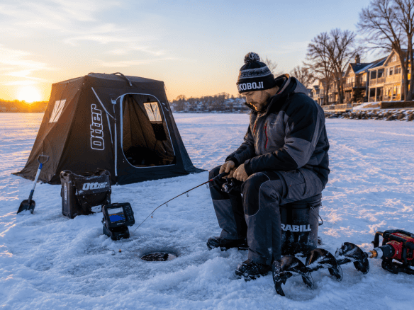 An angler with a shelter, auger, and fish finder on a frozen lake near ice fishing lodging in Okoboji.