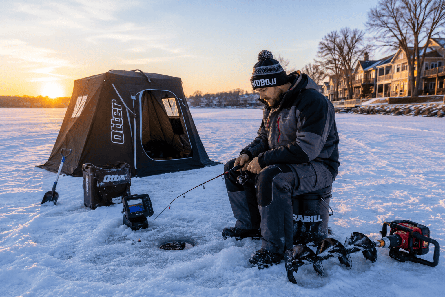 An angler with a shelter, auger, and fish finder on a frozen lake near ice fishing lodging in Okoboji.