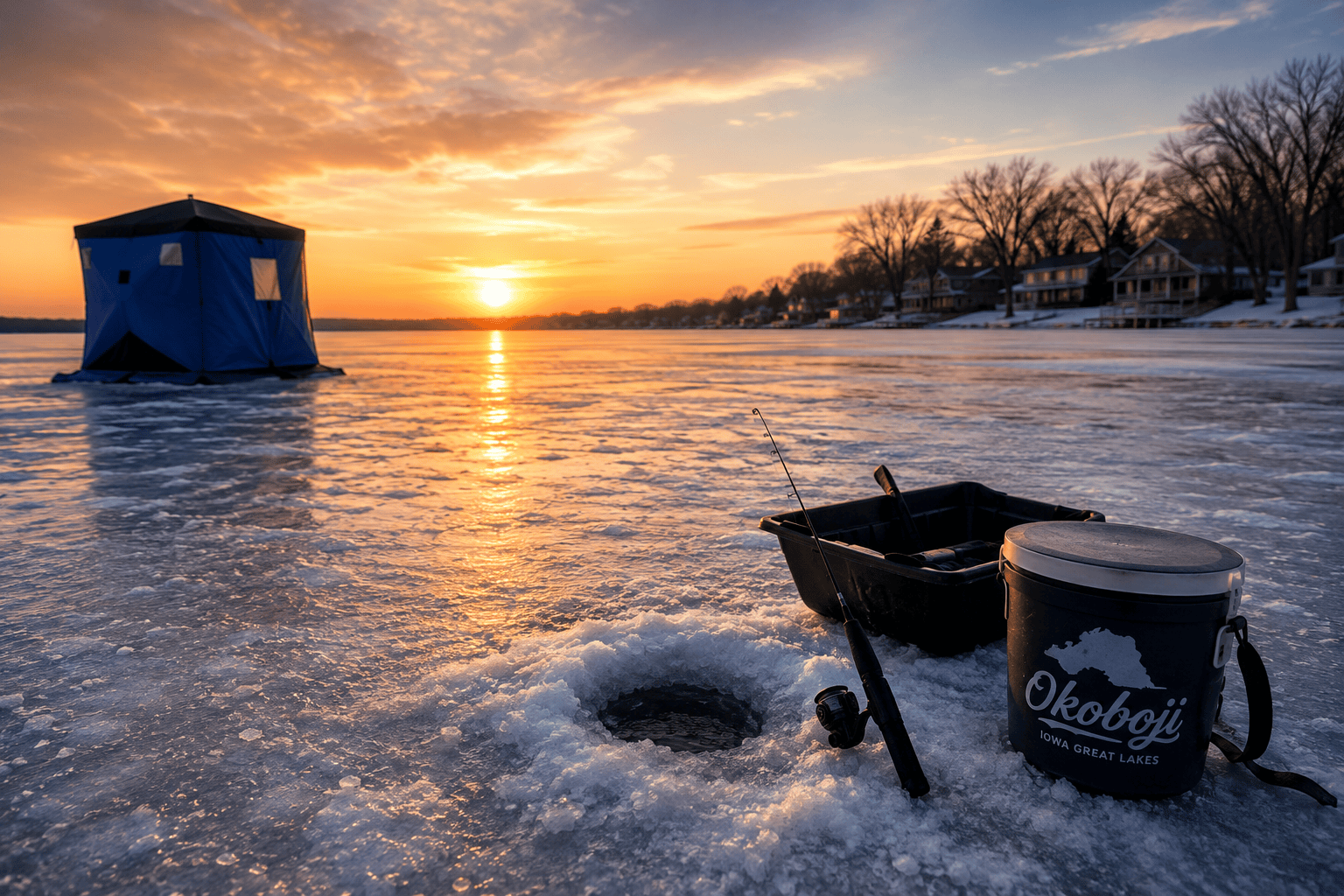 Anglers ice fishing on a frozen Okoboji lake at sunrise during the winter season.