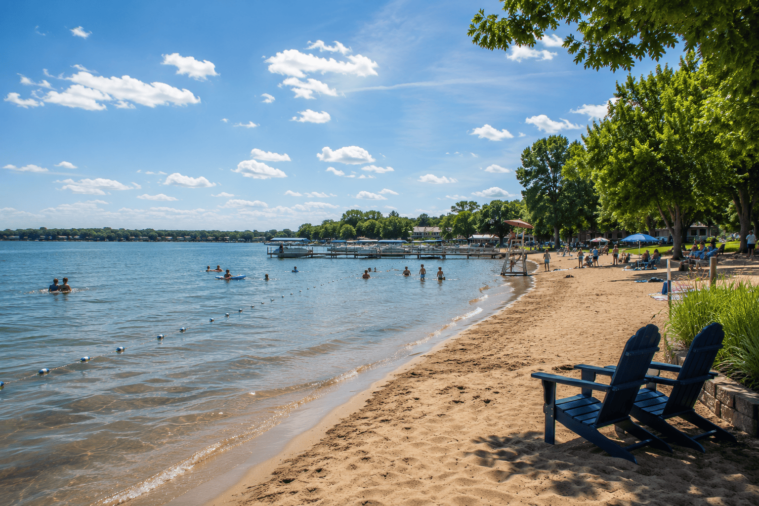 Families enjoying the shoreline at one of the beautiful Okoboji Beaches on a sunny summer afternoon in the Iowa Great Lakes.