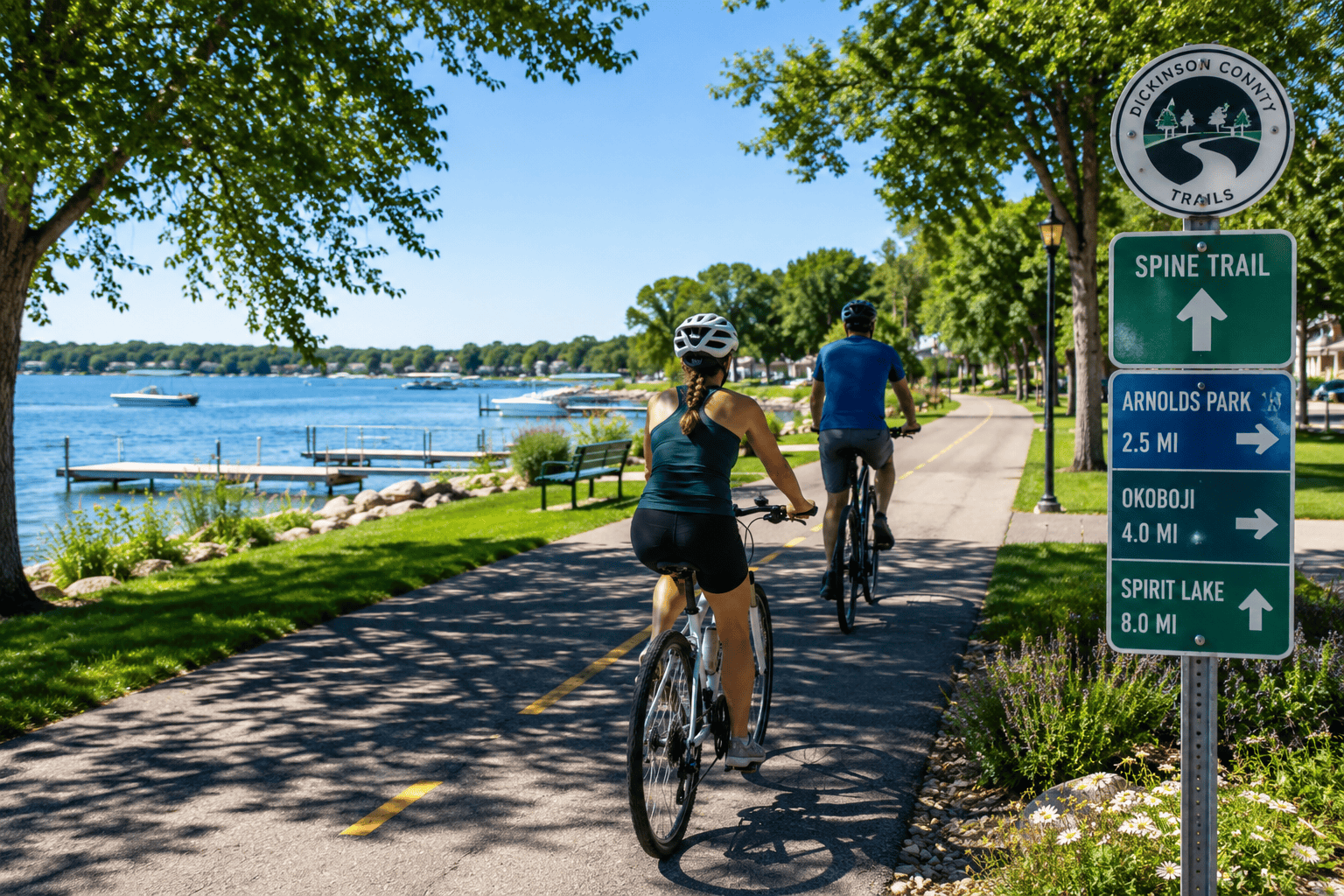 Two cyclists riding Okoboji bike trails beside the lake near a Spine Trail directional sign.