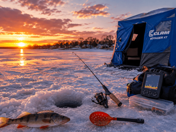 Okoboji ice fishing gear, a yellow perch, and an ice shelter on a frozen Iowa Great Lakes shoreline at sunset.