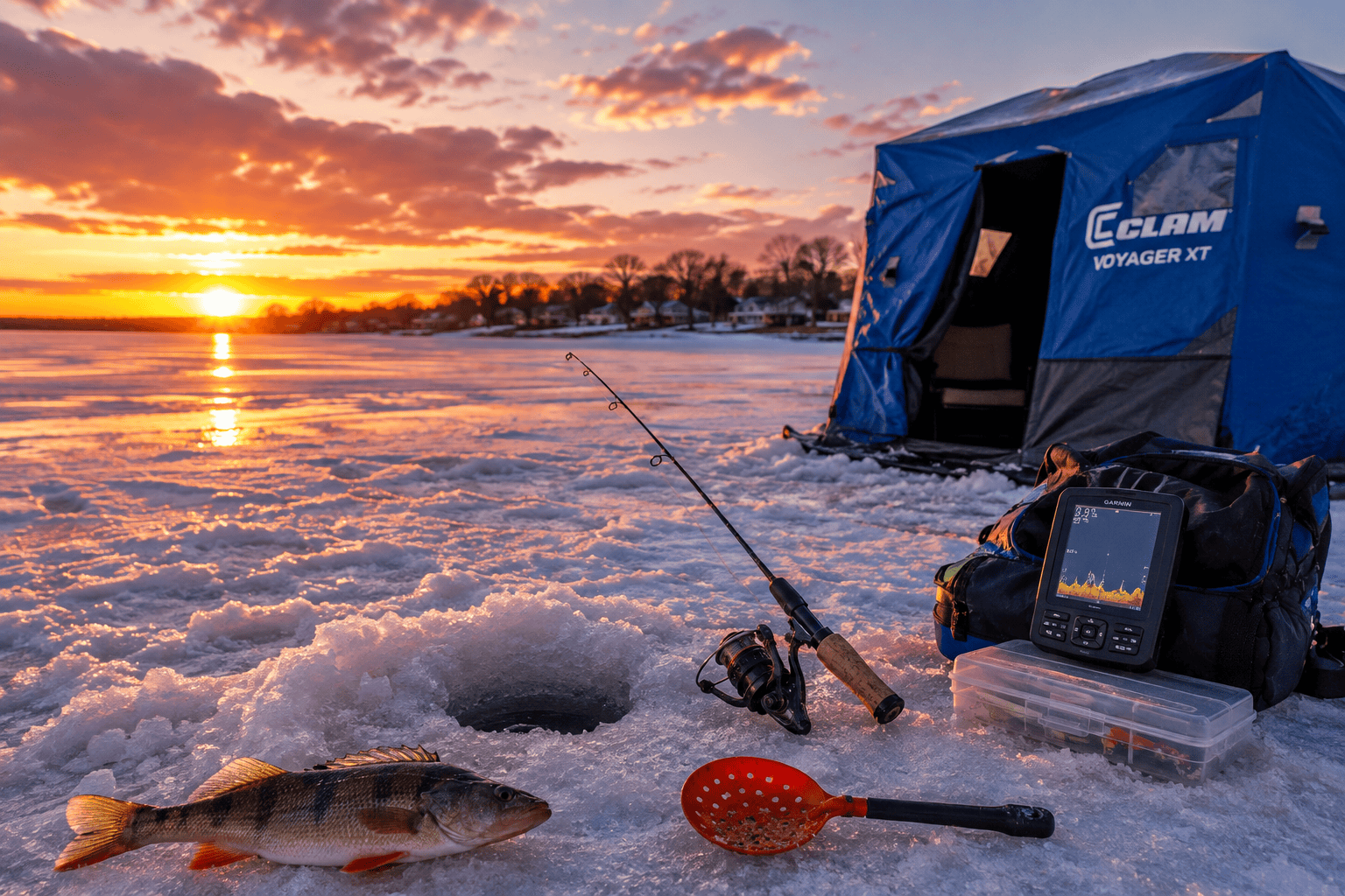 Okoboji ice fishing gear, a yellow perch, and an ice shelter on a frozen Iowa Great Lakes shoreline at sunset.