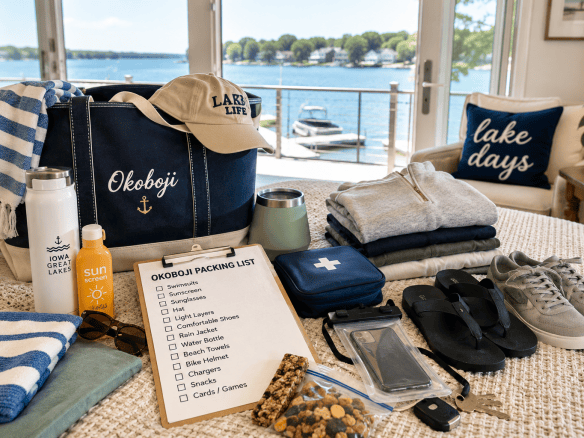 An Okoboji packing list with clothing, beach towels, sunscreen, water bottles, shoes, and lake-day essentials.
