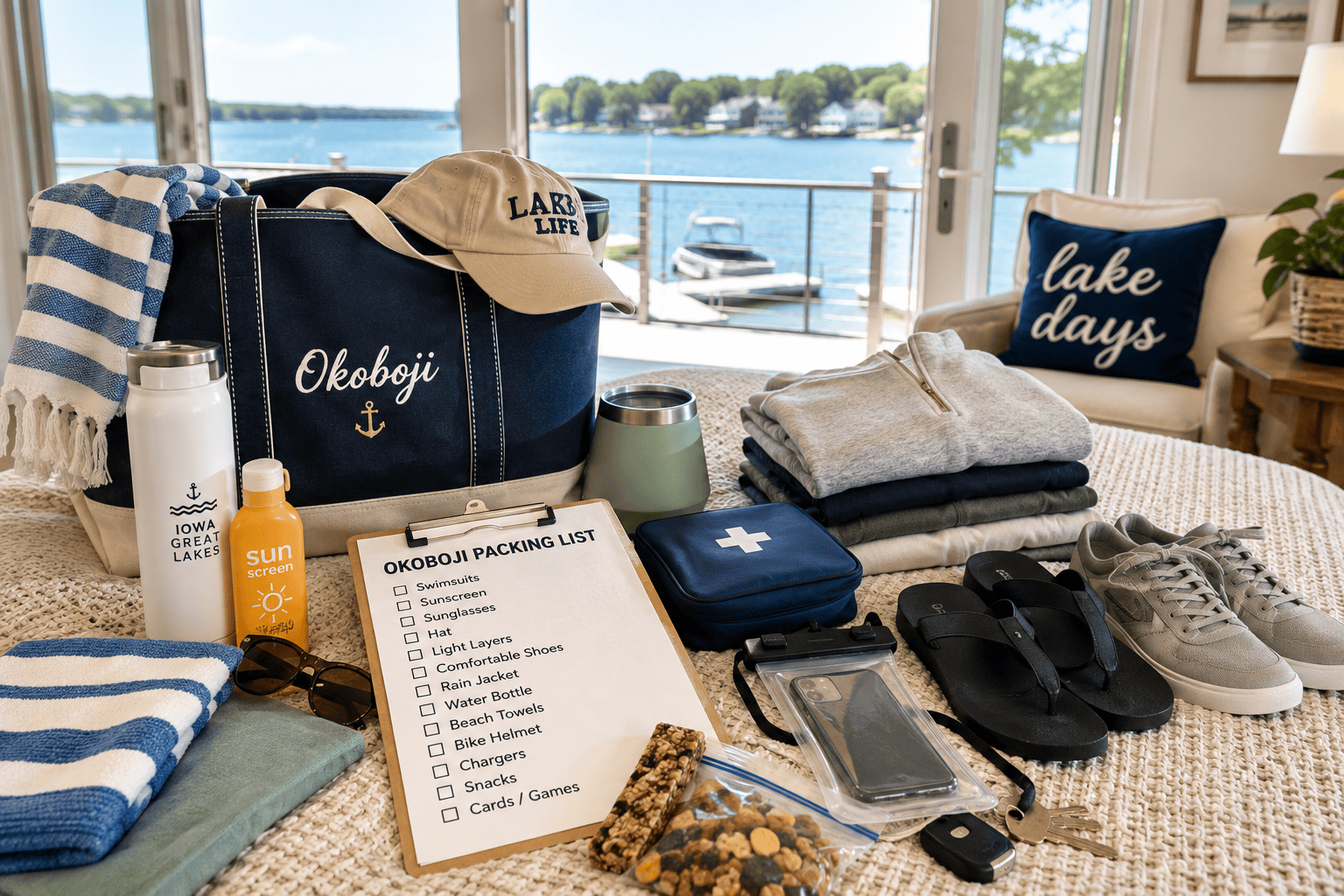 An Okoboji packing list with clothing, beach towels, sunscreen, water bottles, shoes, and lake-day essentials.
