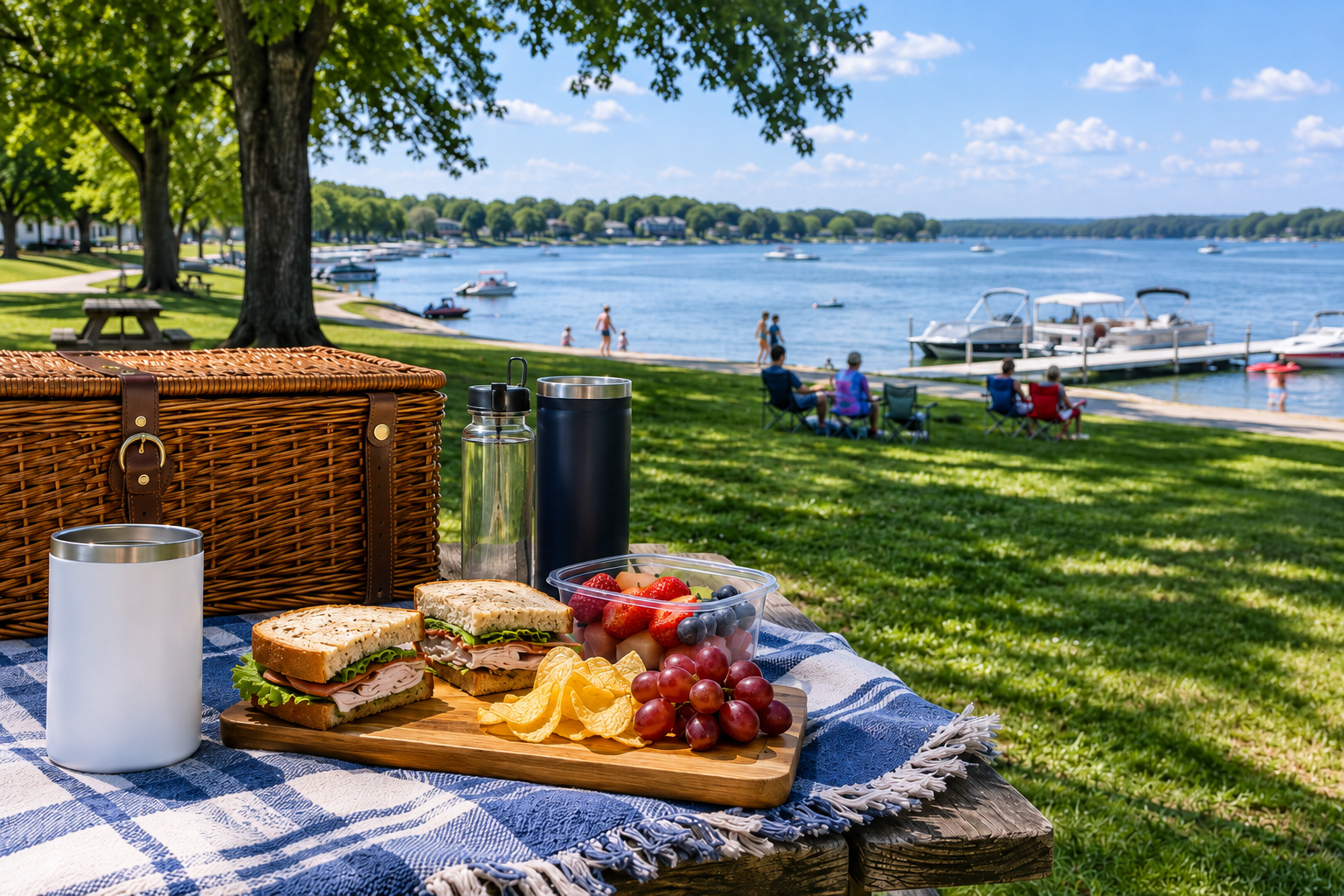 A lakeside lunch with sandwiches, fruit, drinks, and a picnic basket at one of the scenic Okoboji picnic spots.