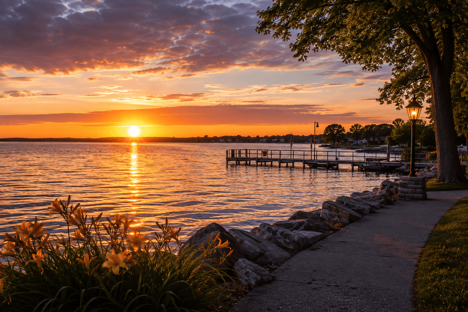 Okoboji sunsets over a calm lake beside a shoreline path, pier, trees, and glowing evening sky.