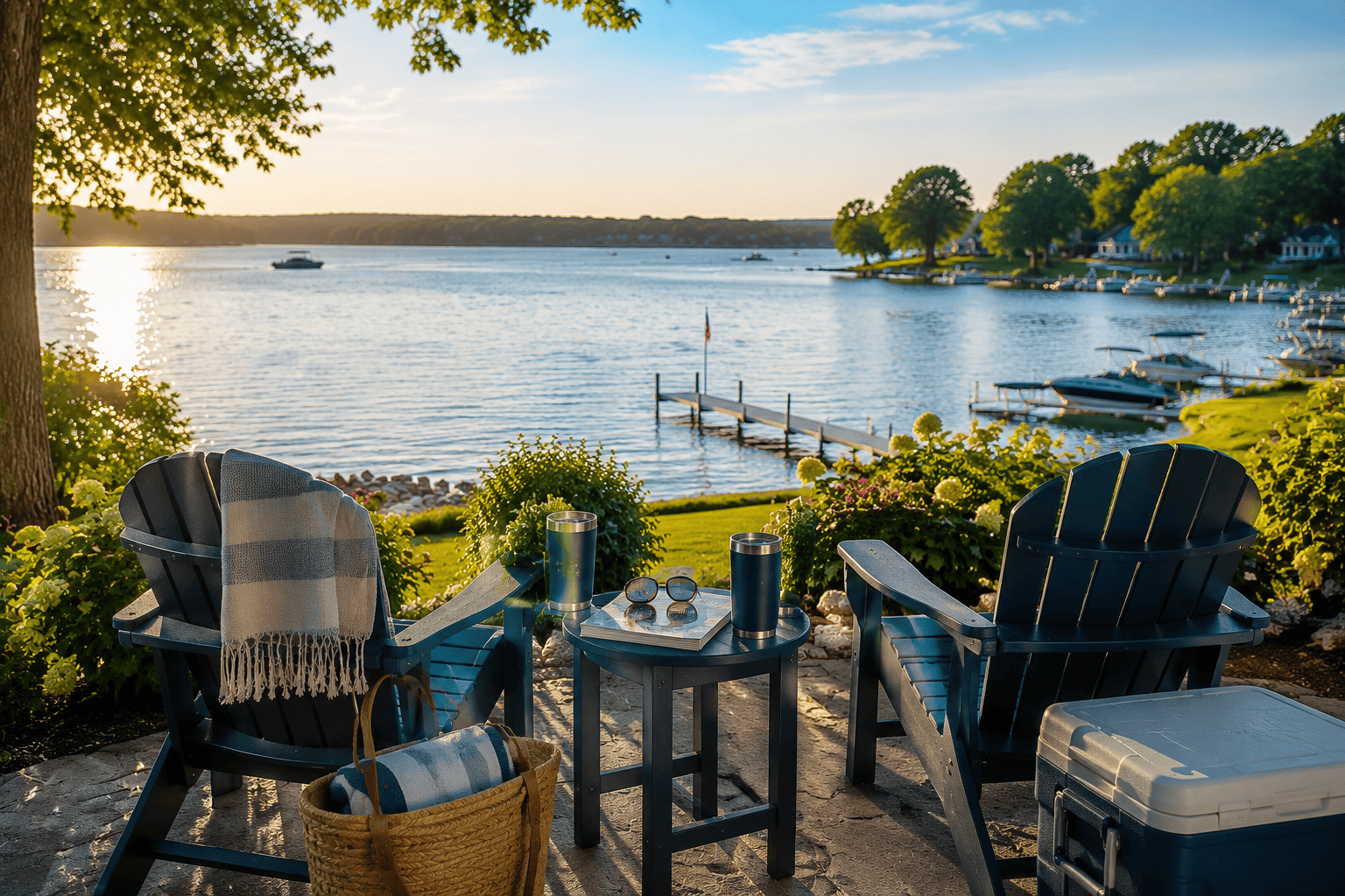 A peaceful lakeside setting with chairs, a cooler, and lake views during an Okoboji weekend getaway.