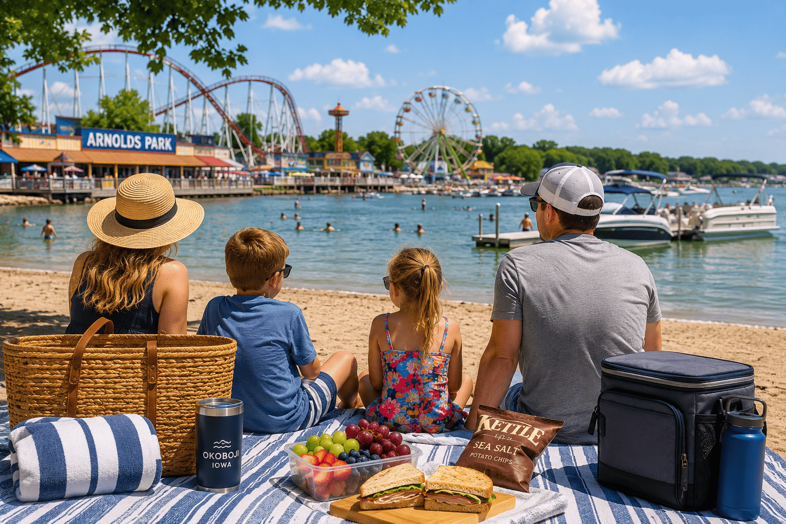 A family enjoying Okoboji with kids during a sunny lake day near Arnolds Park with swimming, boats, and amusement rides nearby.