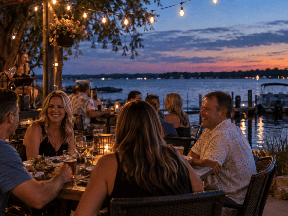 Friends enjoying Okoboji nightlife with live acoustic music, waterfront dining, and lake views at dusk.