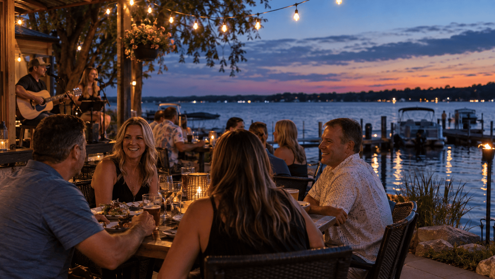 Friends enjoying Okoboji nightlife with live acoustic music, waterfront dining, and lake views at dusk.