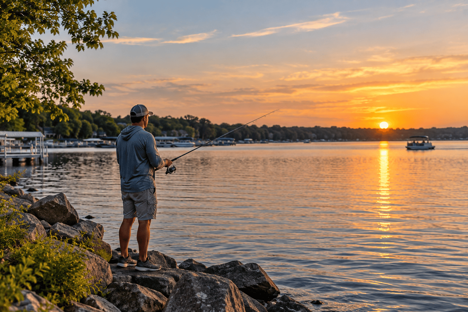 An angler enjoying Okoboji shore fishing from a rocky lakeside bank at sunset.