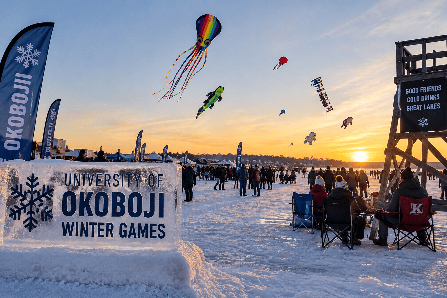 Colorful kites flying above a frozen lake as bundled-up visitors enjoy the Okoboji Winter Games.