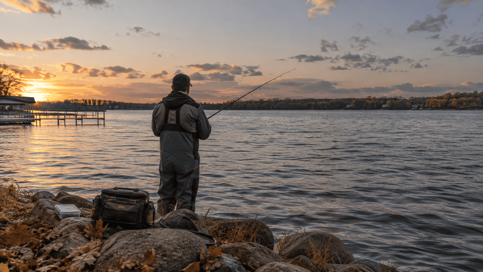 An angler enjoying Okoboji fall fishing from a rocky shoreline during a cool autumn sunset.